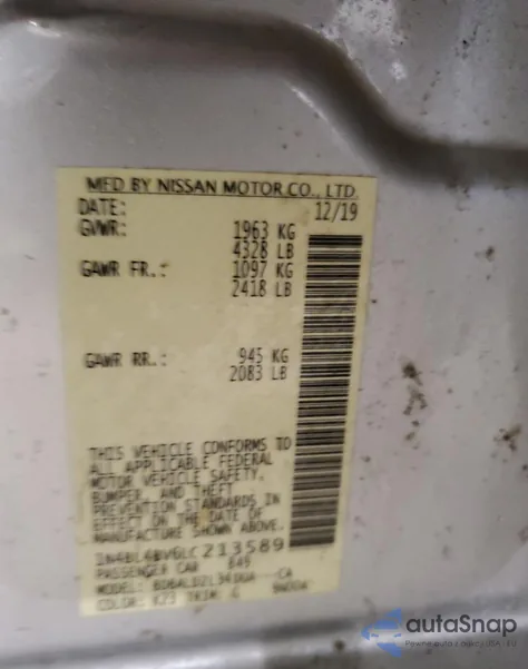 2020 Nissan Altima S z USA, uszkodzony, nr VIN 1N4BL4BV6LC213589